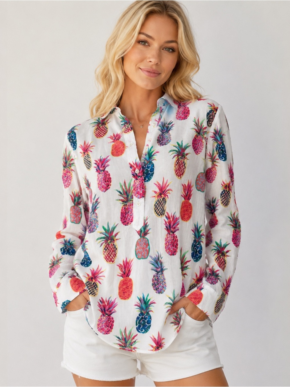J. Crew Women’s White Button-Down Shirt Pineapple Print 100% Cotton Size 12